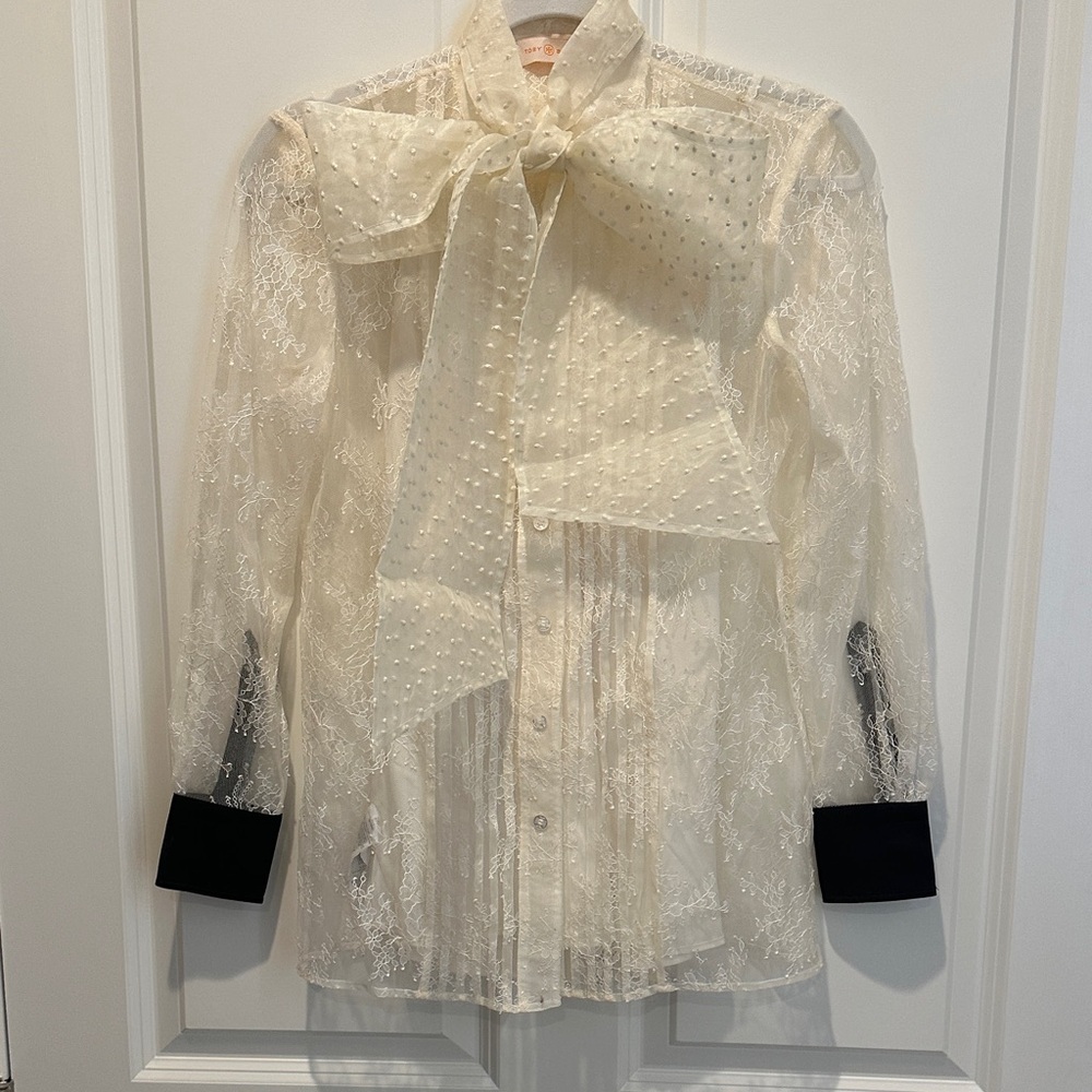 Tory Burch Ivory Bow-Tie And Lace Blouse with Black Cuffs With Ivory Camisole